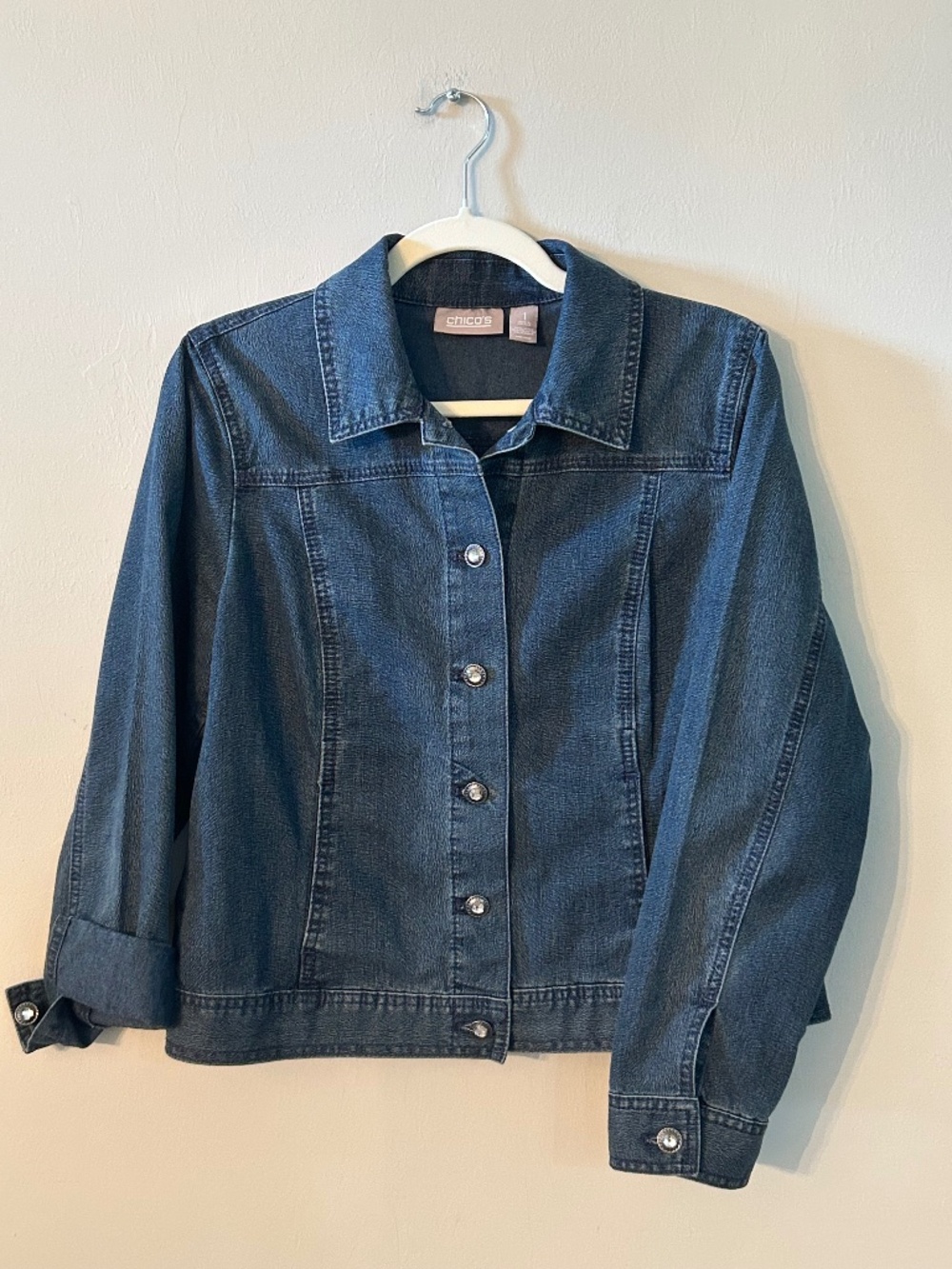Chico's Embellished Denim Jean Jacket Sz 1 (US8/10) Indie Streetwear Minimalist